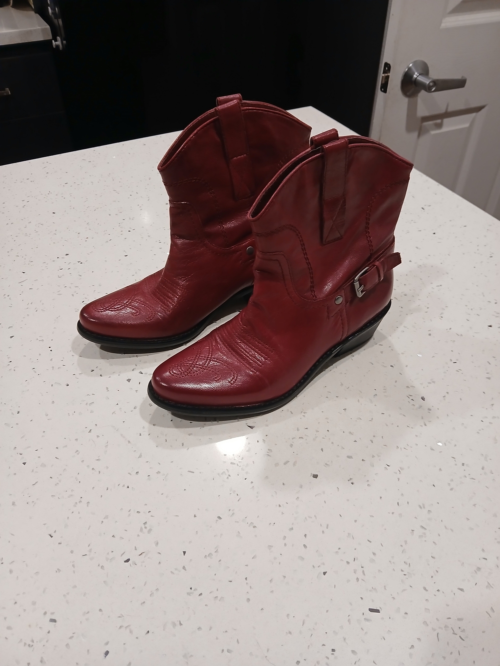 Franco Sarto Red Leather Western Ankle Boots with Buckle
